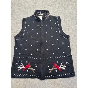 Christopher & Banks Embroidered Winter Cardinal Zip Vest Women’s M Black